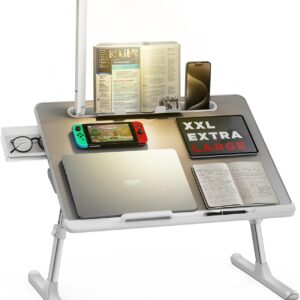 Adjustable Laptop Bed Desk with LED Lamp – Extra-Large Foldable Tray with Book Stand, Wrist Rest & Storage for Bed, Couch, or Floor