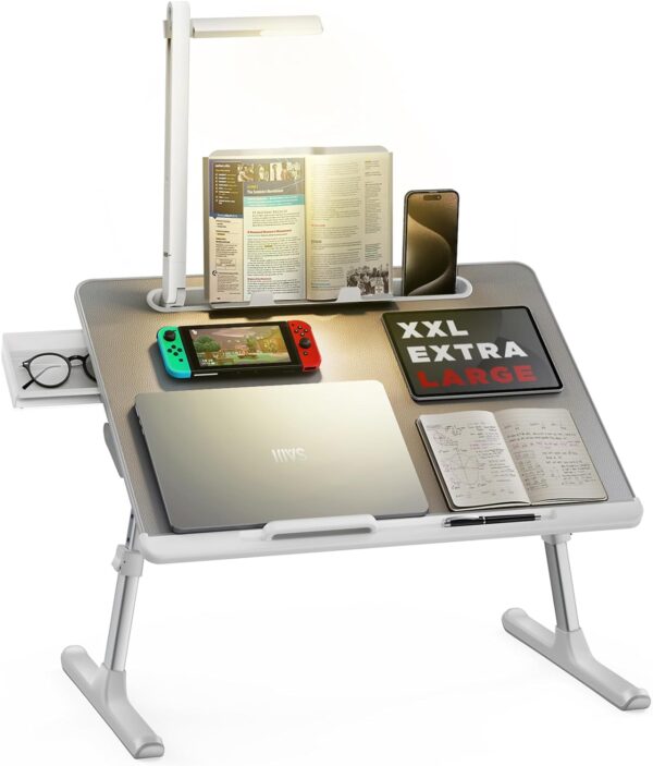 Adjustable Laptop Bed Desk with LED Lamp – Extra-Large Foldable Tray with Book Stand, Wrist Rest & Storage for Bed, Couch, or Floor